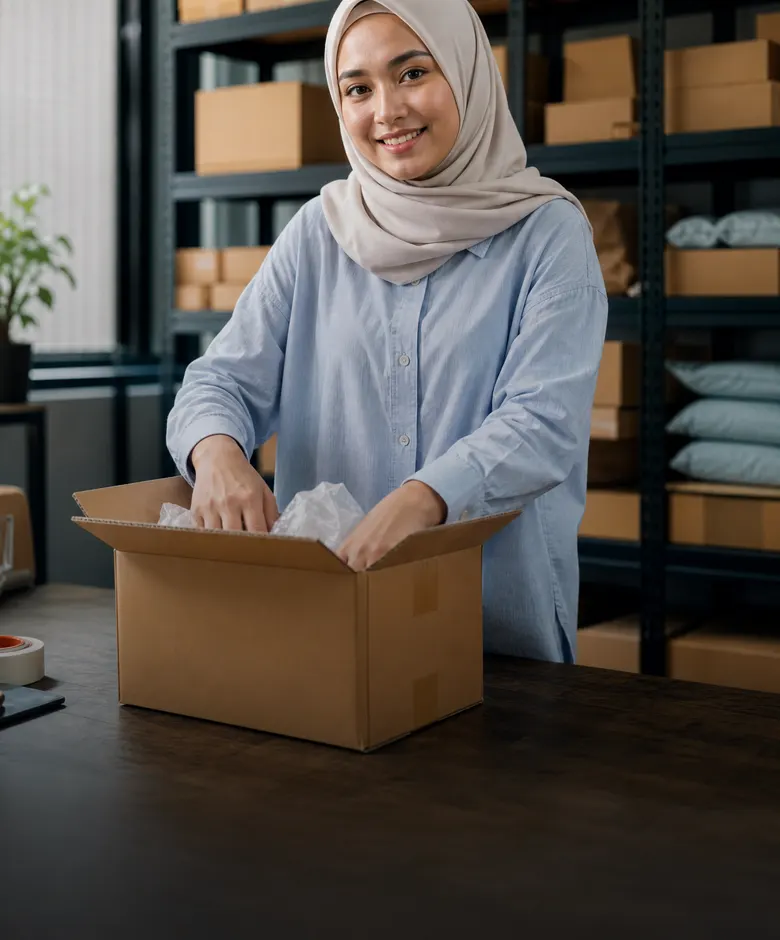 E-commerce seller smiling while packing an online order in a small warehouse