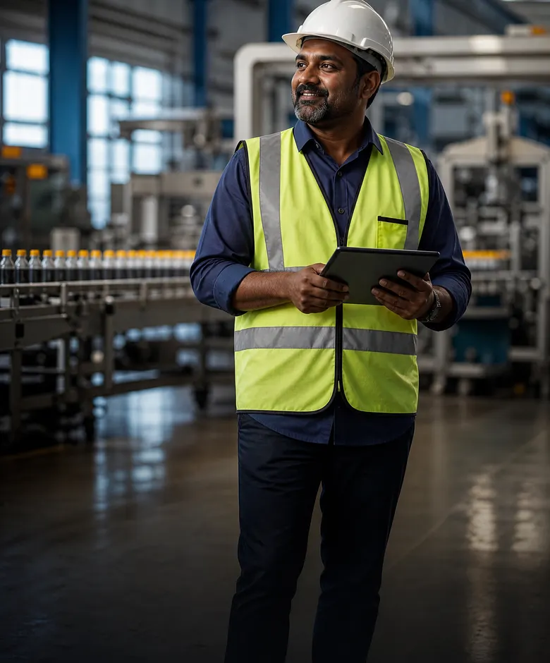 Production manager with a tablet on the factory floor